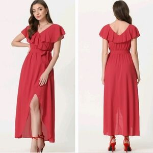 Trend Allegra K Red Ruffled V-Neck Maxi Red Dress Cocktail Party Dress